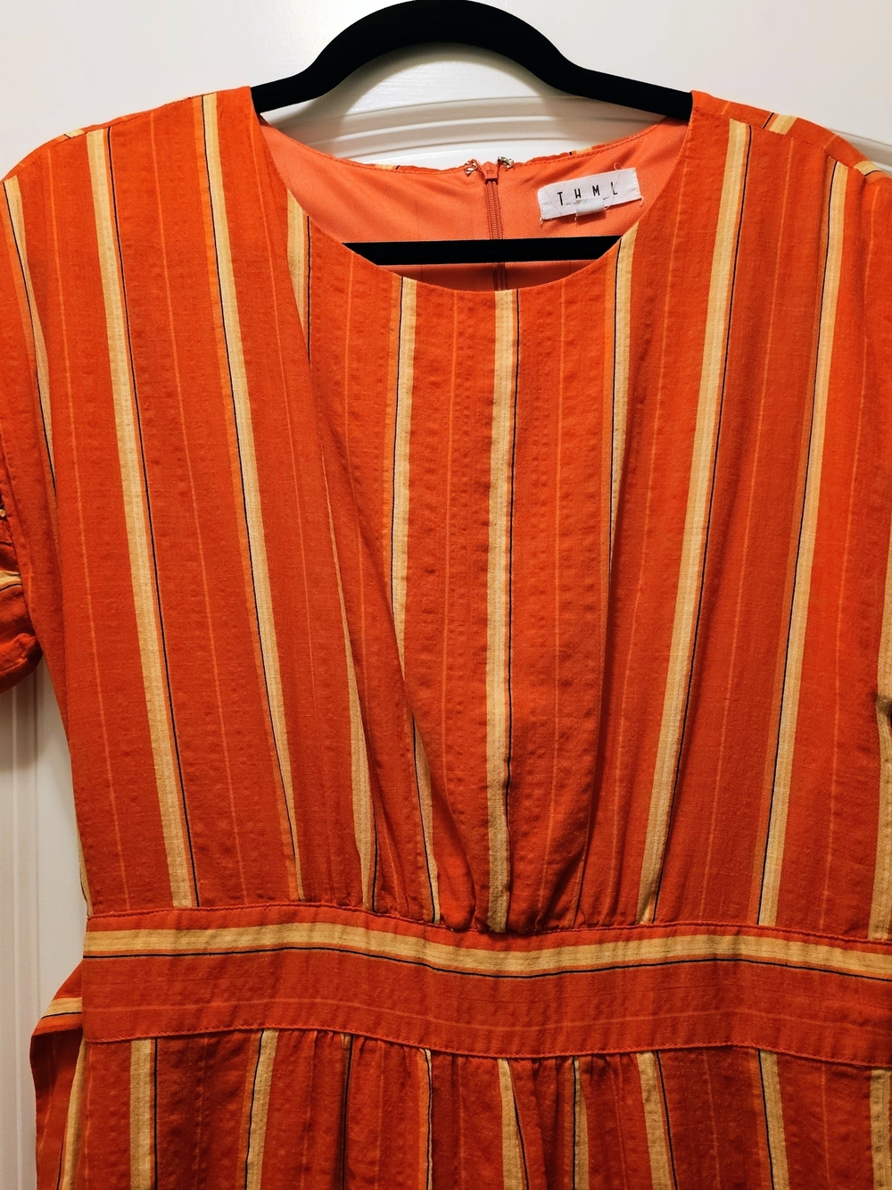 THML Anthropologie Ruffle Wrap Dress Size S Orange Stripe Coastal Resort - Picture 5 of 7